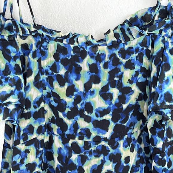 Topshop Frill Bardot Tie Off Shoulder Blue Leopard Animal Mini Dress 14 NWT - Picture 5 of 13